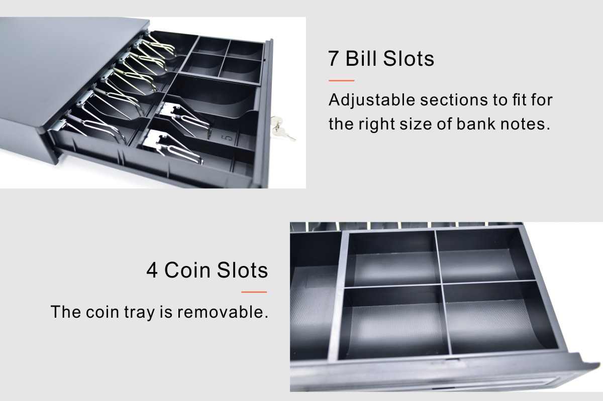 Kassenschublade mit 3 Schlössern, 7 Fächern für Geldscheine und herausnehmbarem Münzfach WALLET 4 Fächern für Münzen aus Metall