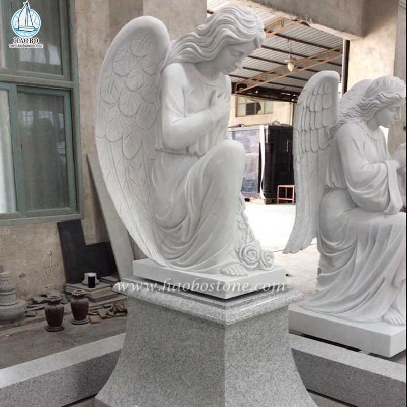 Kniende Gebetsengel-Statue aus weißem Marmor für Gedenkstätten
