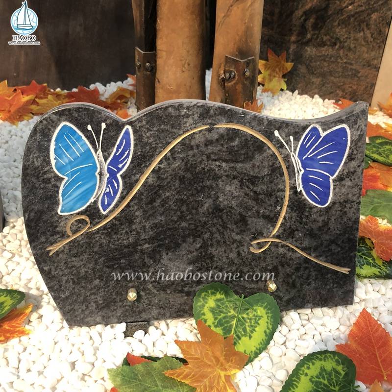 Grabstein-Plakette aus Bahama-Blau-Granit-Schmetterling
