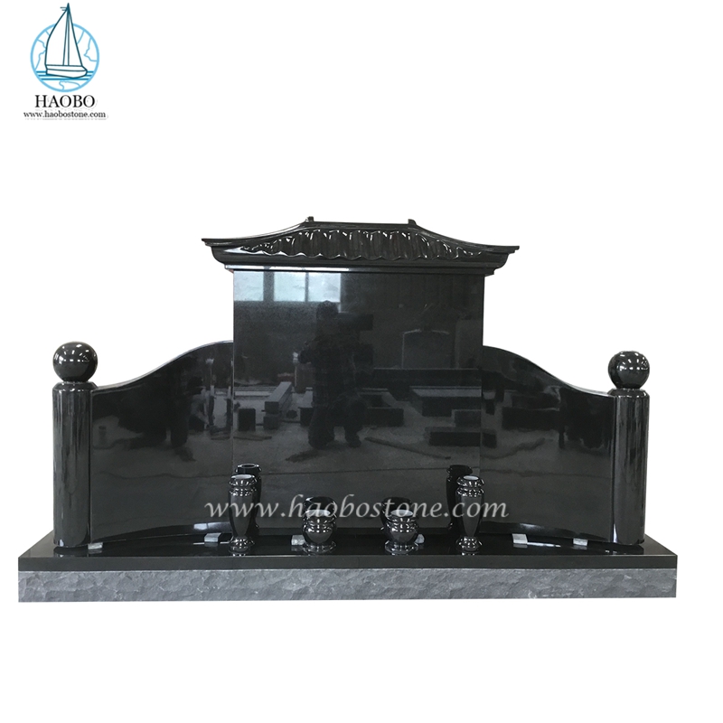 Haobo Stone Chinese Pagoda Style Roof Top Black Granit Tombstone
