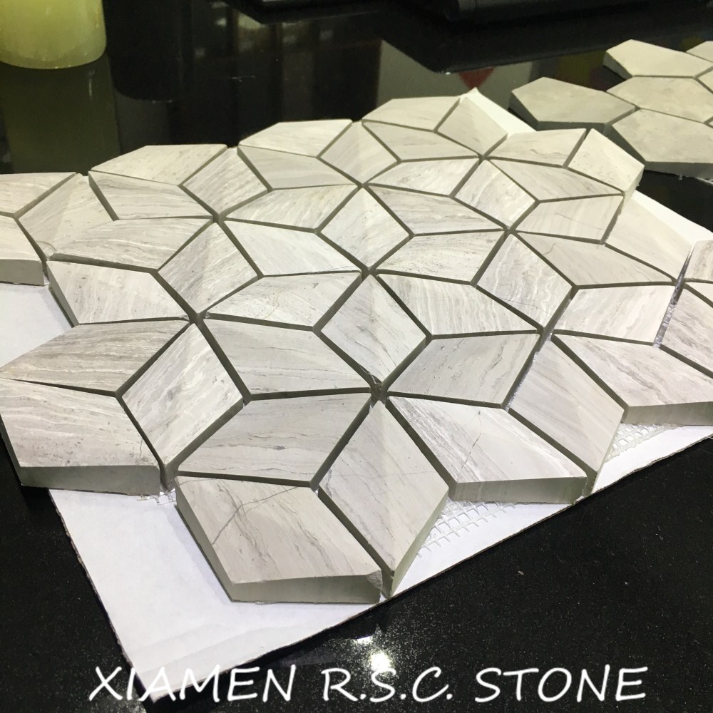 Stereoskopisches Mosaik aus weißem Holzader-Marmor in Sechseckform. Stereoskopisches Mosaik aus weißem Holzader-Marmor in Sechseckform