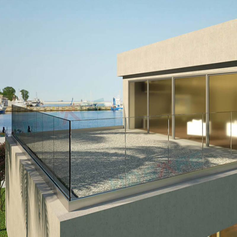 Decking-Glas-Balkongeländer-Design mit Aluminium-Balkontreppen montiertem Aluminium-U-Kanal-Geländer aus gehärtetem Glas ohne Rahmen
