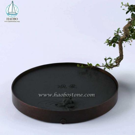 Naturstein, schwarzer Granit, China-Design, geschnitztes Stein-Teetablett
