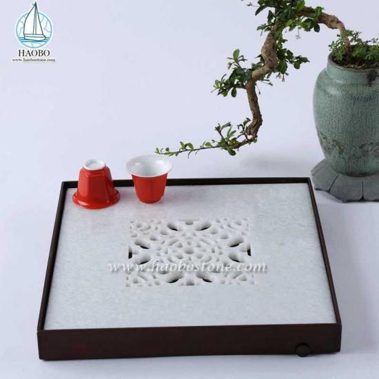 Weißes Marmor-China-Design, hohl geschnitztes quadratisches Stein-Teetablett
