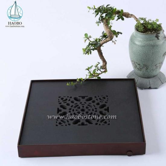 Schwarzes Granit-China-Design, hohl geschnitztes quadratisches Stein-Teetablett
