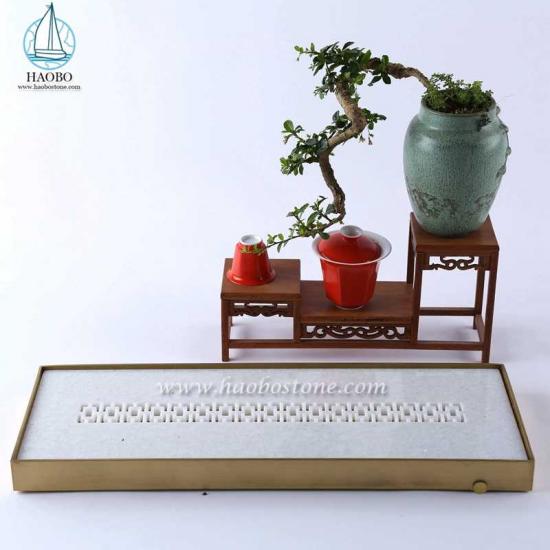 Weißer Marmor China Design Steinschnitzerei rechteckiges Teetablett
