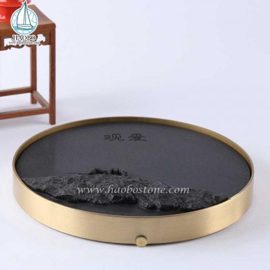 Schwarzer Granit China Design Insekt geschnitzt Stein Teetablett
