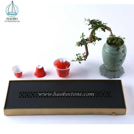 Schwarzes Granit-China-Steinschnitzerei-rechteckiges Teetablett
