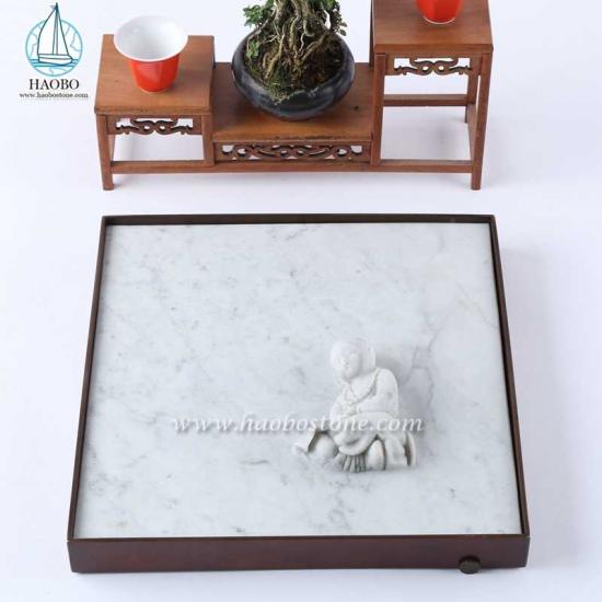 Weißes Marmor-Buddhisten-Schnitzen-Quadrat-Stein-Tee-Tablett
