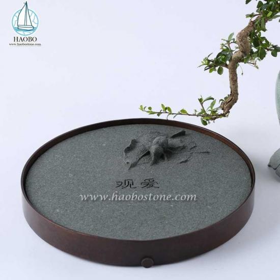 China grauer Granit rund geformtes Insekt geschnitztes Stein-Teetablett
