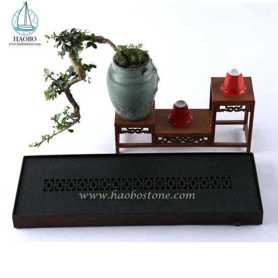 Schwarzer Granit China Design Steinschnitzerei rechteckiges Teetablett
