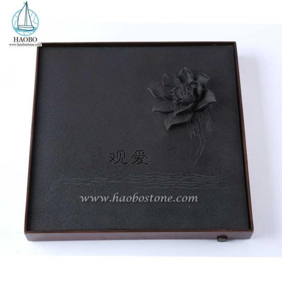 Schwarzer Granit China Design Lotus geschnitztes quadratisches Teetablett
